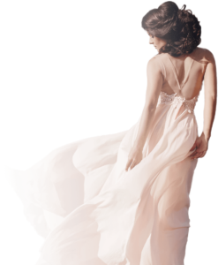 Junge Frau in einem maßgeschneiderten wehenden weißen Kleid